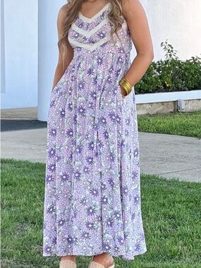 Lavender Floral Maxi Dress with Crochet Trim - Women